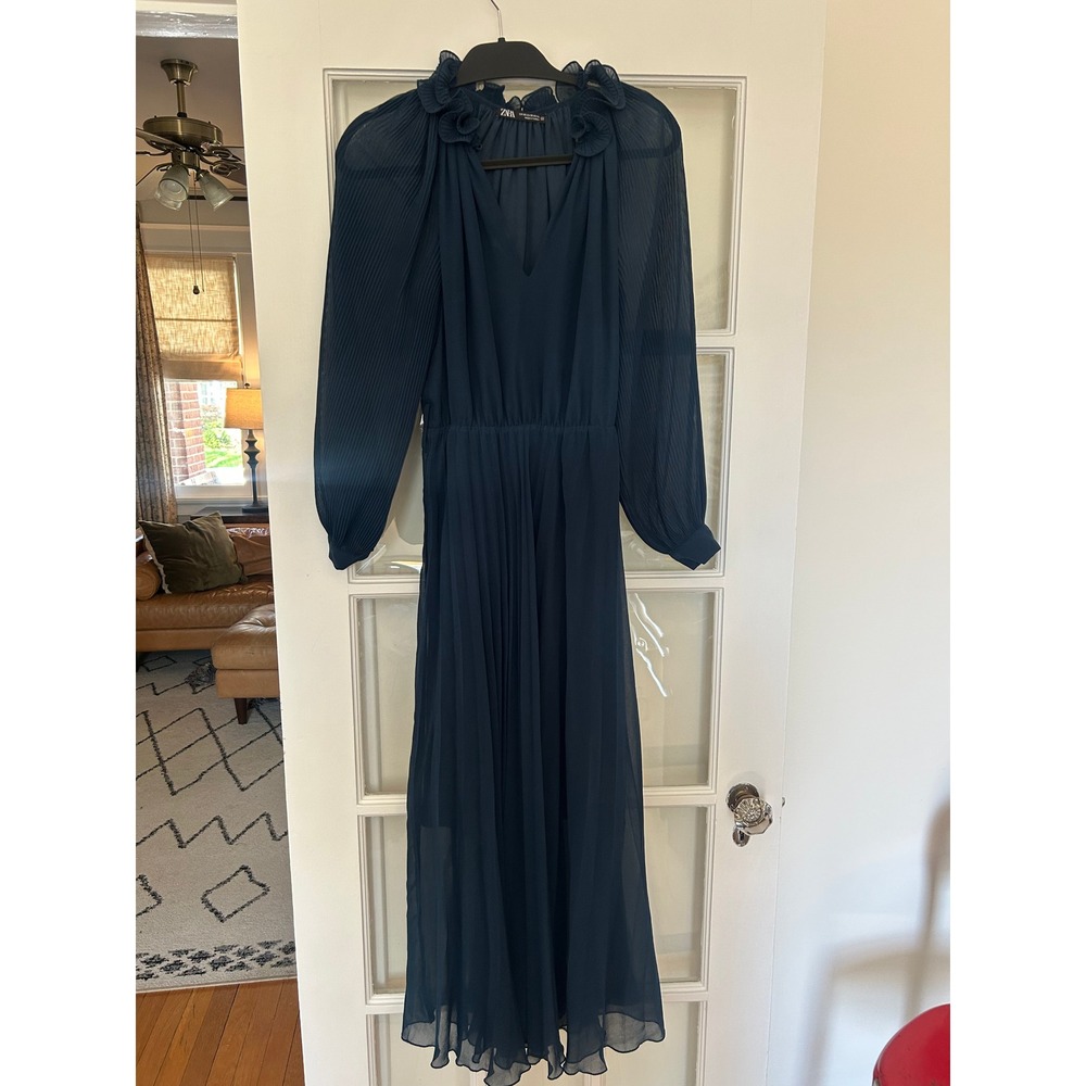 Zara Pleated Midi Dress Ruffle Neck Long Sleeve Teal Blue Size XS - Picture 3 of 7